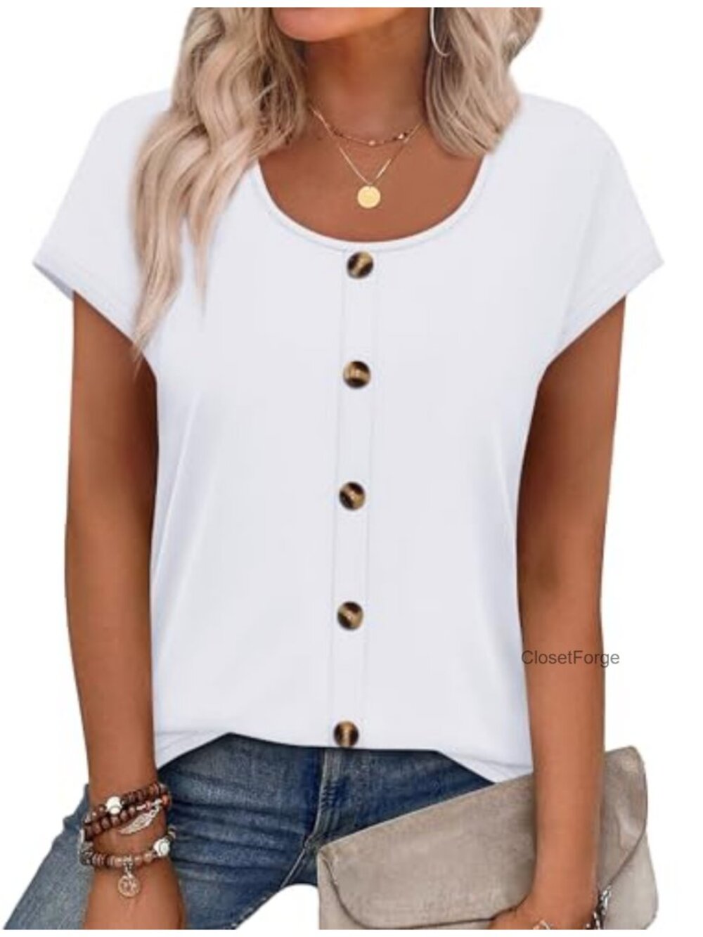 Womens Summer Cap Sleeve Button Detail U Neck Blouse Soft Stretchy Polyester